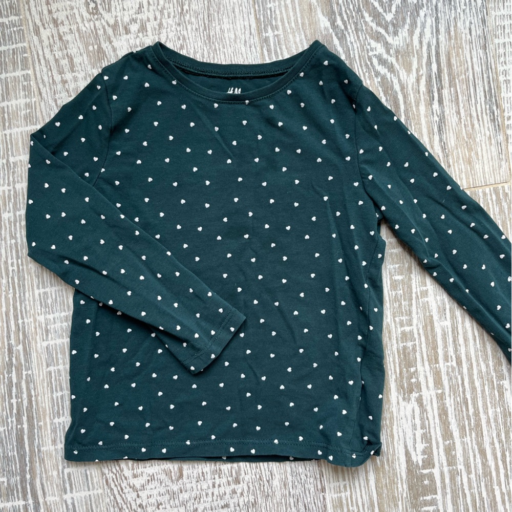 H&M Girls Long Sleeve Tiny Heart Shirt Size 2T Teal Green Soft